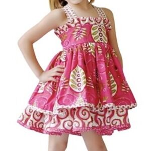 Jelly the Pug Pink Sassy Twirl Dress 6 Leaf Ruffle Tiered Tie Back Sleeveless
